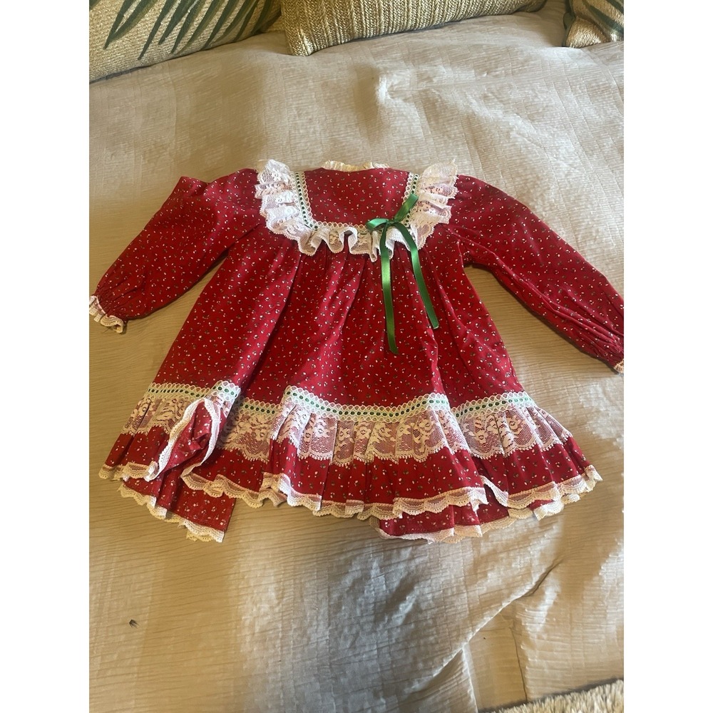 1980's Vintage Girls Ruffled Red Christmas Party Dress Lace Puff T2‎ Toddler